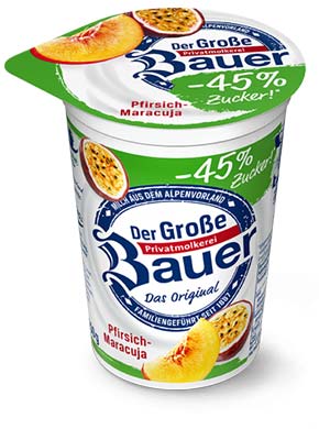 bauer natur joghurt trinkjoghurt pfirsich maracuja weniger zucker